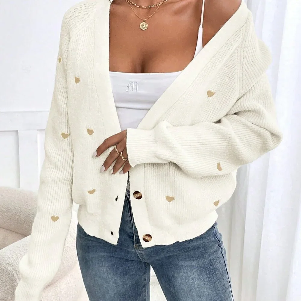 White Casual Women's Cardigan With Heart Embroidery